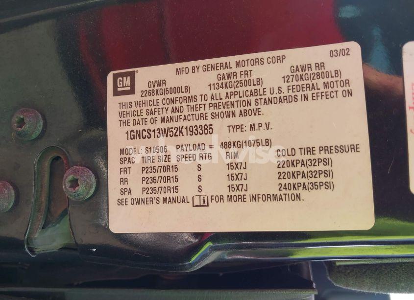 Photo 9 of 2002 Chevrolet Blazer LS (VIN 1GNCS13W52K193385)