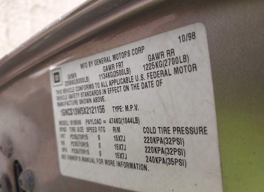 Photo 9 of 1999 Chevrolet Blazer LT (VIN 1GNCS13W5X2121156)