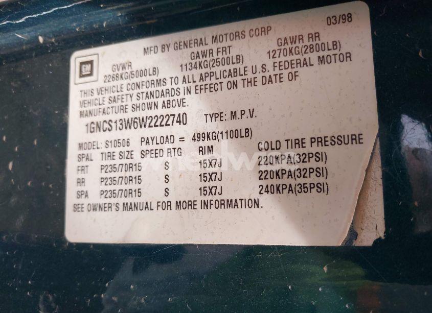 Photo 9 of 1998 Chevrolet Blazer LS (VIN 1GNCS13W6W2222740)