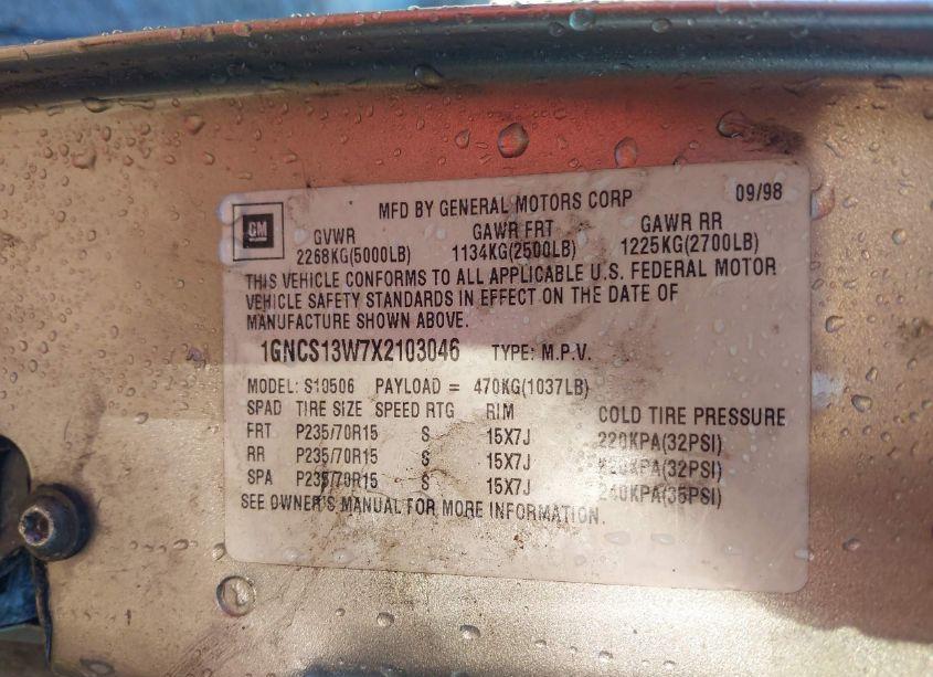 Photo 9 of 1999 Chevrolet Blazer LS (VIN 1GNCS13W7X2103046)