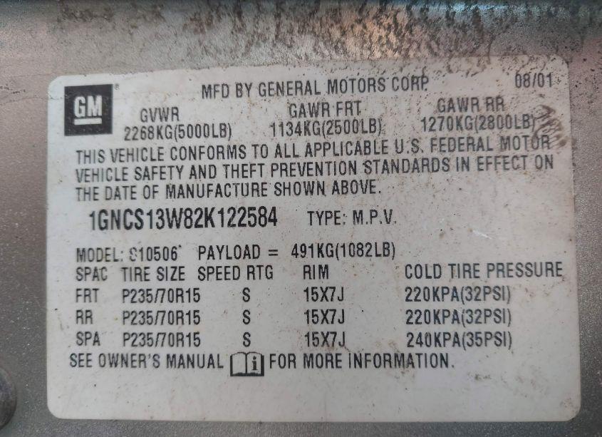 Photo 9 of 2002 Chevrolet Blazer LS (VIN 1GNCS13W82K122584)