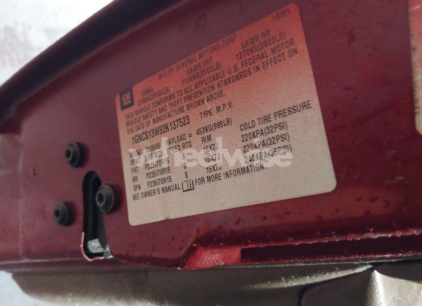 Photo 9 of 2002 Chevrolet Blazer LS (VIN 1GNCS13W82K137523)