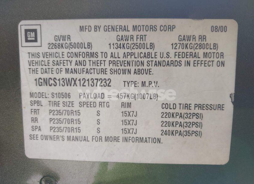 Photo 9 of 2001 Chevrolet Blazer LT (VIN 1GNCS13WX12137232)