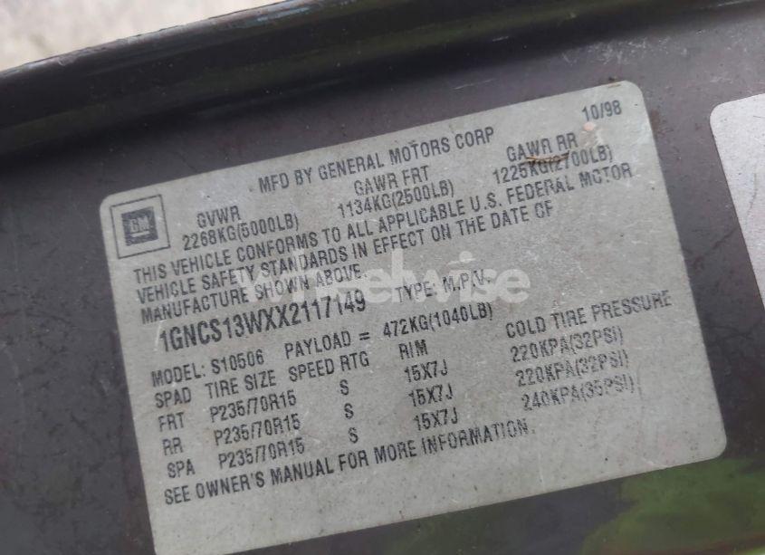 Photo 9 of 1999 Chevrolet Blazer LS (VIN 1GNCS13WXX2117149)