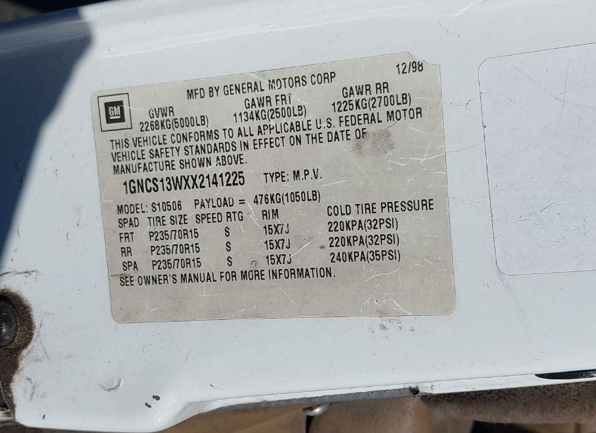 Photo 9 of 1999 Chevrolet Blazer LS (VIN 1GNCS13WXX2141225)