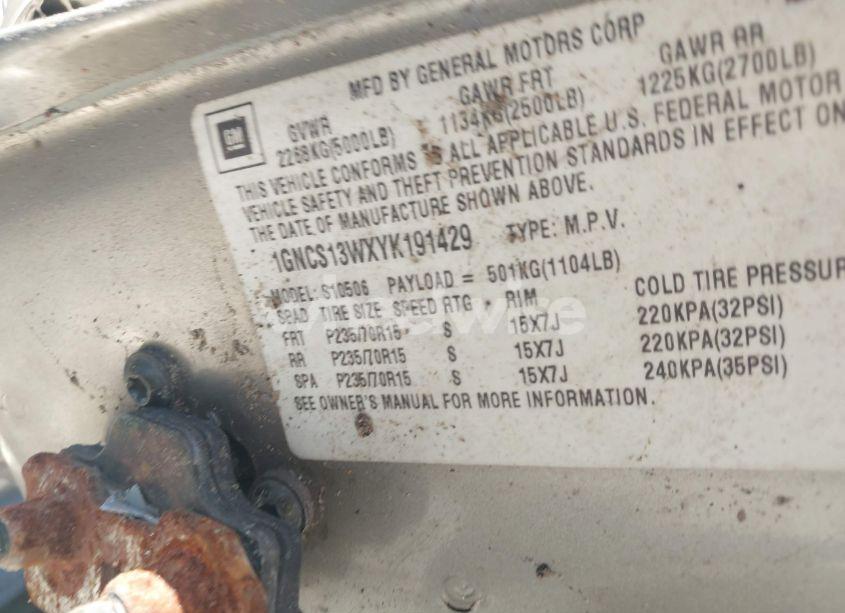 Photo 9 of 2000 Chevrolet Blazer LS (VIN 1GNCS13WXYK191429)