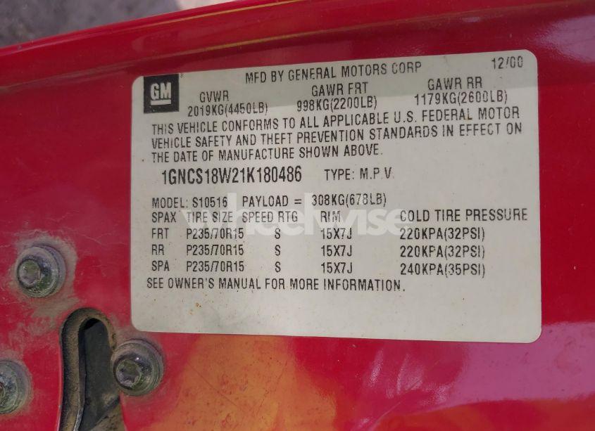 Photo 9 of 2001 Chevrolet Blazer LS (VIN 1GNCS18W21K180486)