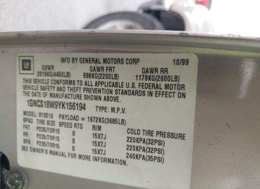 Photo 9 of 2000 Chevrolet Blazer LS (VIN 1GNCS18W9YK156194)