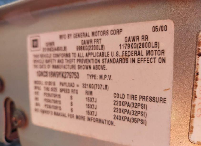 Photo 9 of 2000 Chevrolet Blazer LS (VIN 1GNCS18W9YK279753)