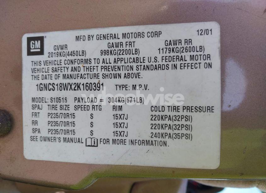 Photo 9 of 2002 Chevrolet Blazer LS (VIN 1GNCS18WX2K160391)