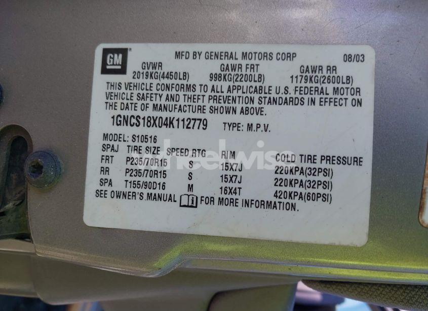 Photo 9 of 2004 Chevrolet Blazer LS (VIN 1GNCS18X04K112779)