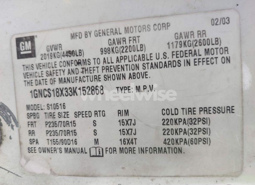 Photo 9 of 2003 Chevrolet Blazer LS (VIN 1GNCS18X33K152868)