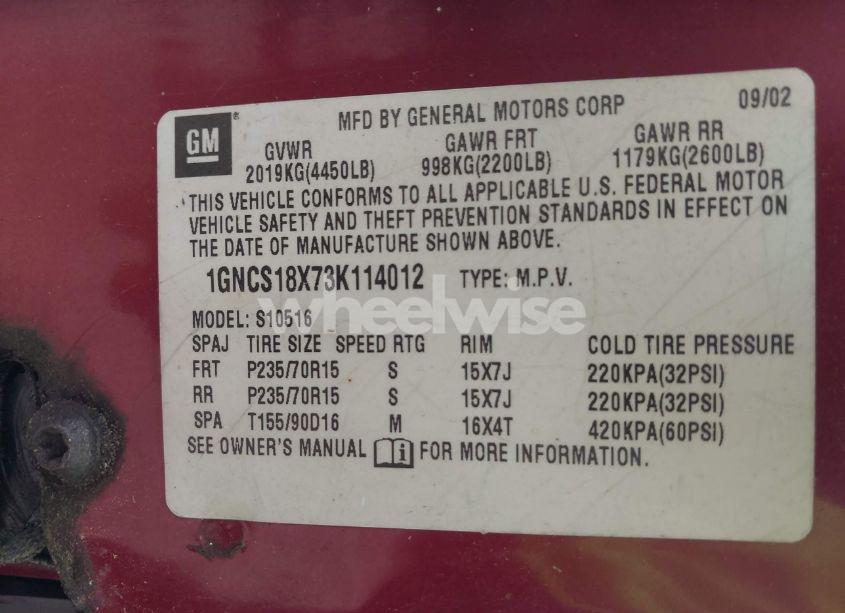 Photo 9 of 2003 Chevrolet Blazer LS (VIN 1GNCS18X73K114012)