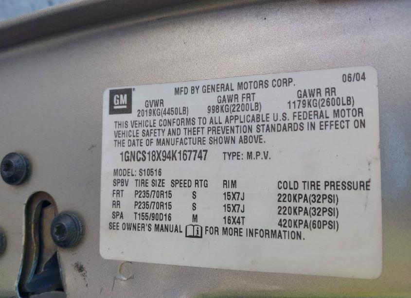 Photo 9 of 2004 Chevrolet Blazer LS (VIN 1GNCS18X94K167747)