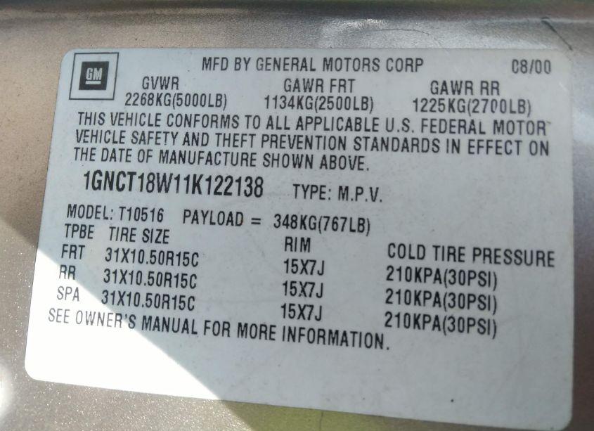 Photo 9 of 2001 Chevrolet Blazer LS (VIN 1GNCT18W11K122138)