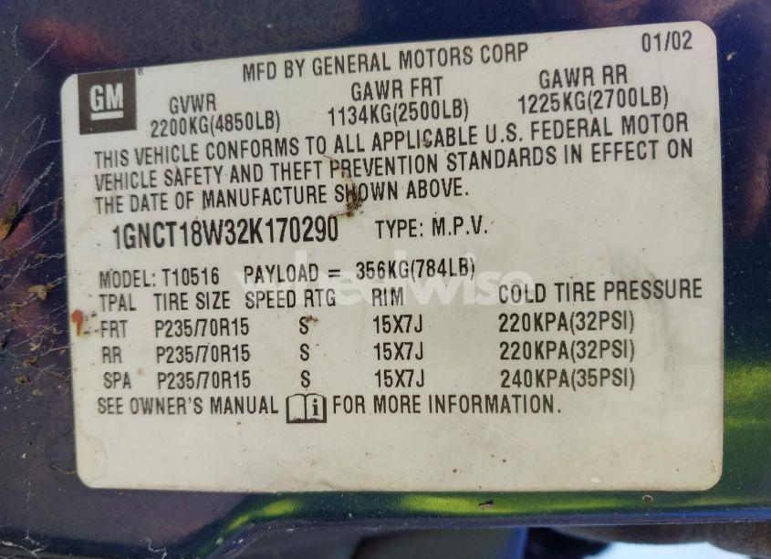 Photo 9 of 2002 Chevrolet Blazer LS (VIN 1GNCT18W32K170290)