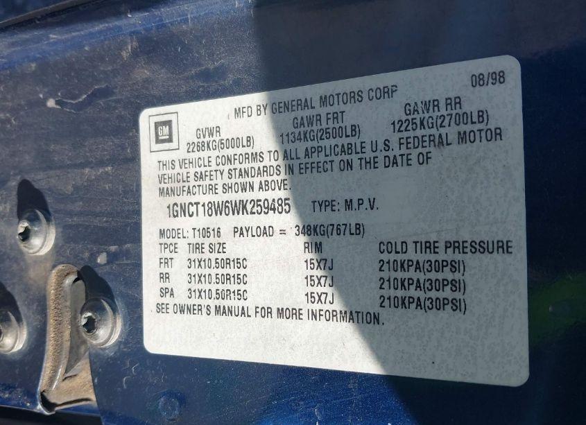 Photo 9 of 1998 Chevrolet Blazer LS (VIN 1GNCT18W6WK259485)