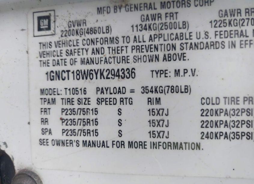 Photo 9 of 2000 Chevrolet Blazer LS (VIN 1GNCT18W6YK294336)