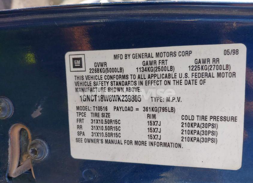 Photo 9 of 1998 Chevrolet Blazer LS (VIN 1GNCT18W8WK239805)
