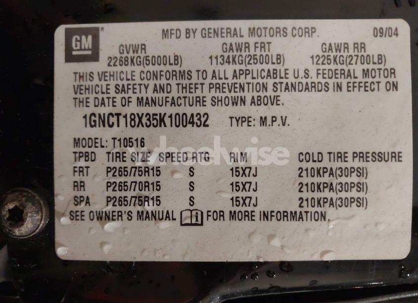 Photo 9 of 2005 Chevrolet Blazer LS (VIN 1GNCT18X35K100432)