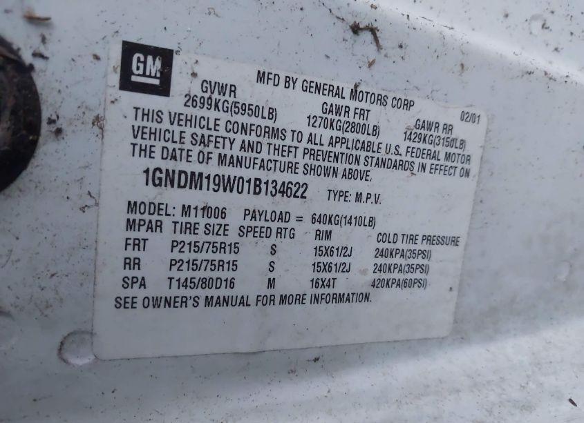 Photo 9 of 2001 Chevrolet Astro LS (VIN 1GNDM19W01B134622)