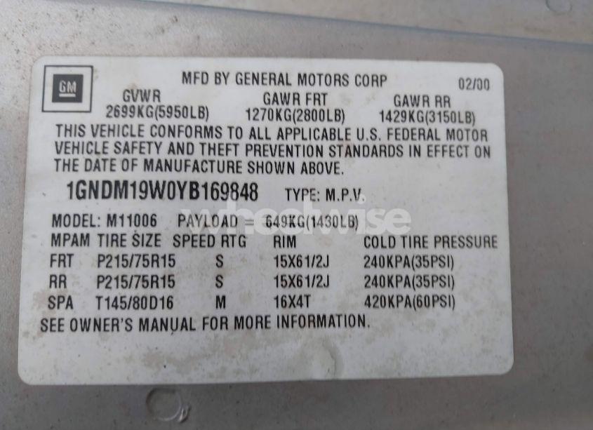 Photo 9 of 2000 Chevrolet Astro (VIN 1GNDM19W0YB169848)