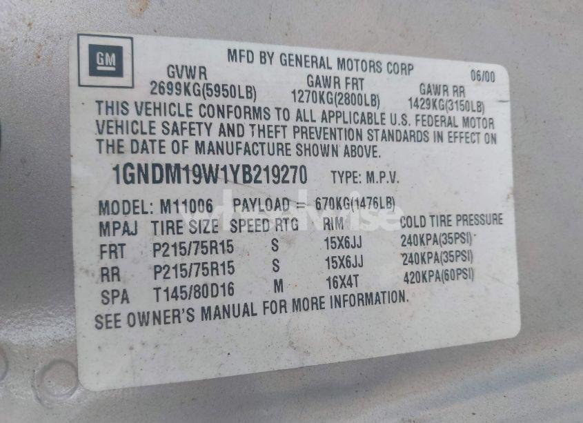 Photo 9 of 2000 Chevrolet Astro (VIN 1GNDM19W1YB219270)