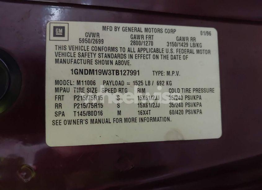 Photo 9 of 1996 Chevrolet Astro (VIN 1GNDM19W3TB127991)
