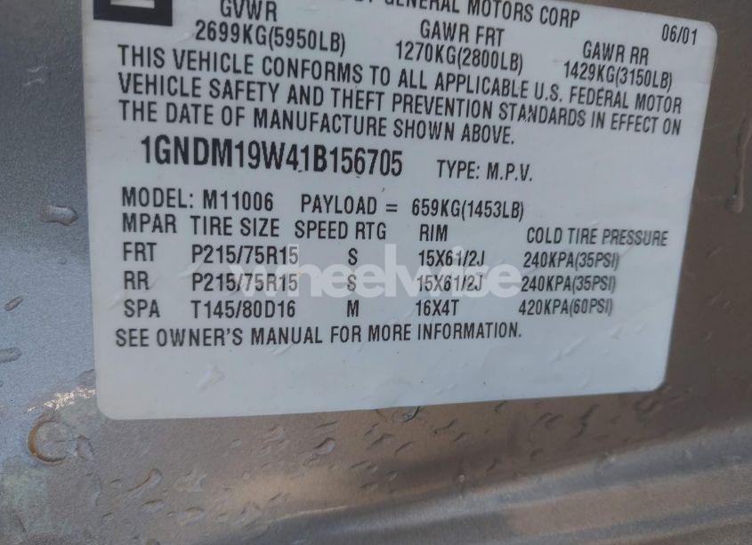 Photo 9 of 2001 Chevrolet Astro LS (VIN 1GNDM19W41B156705)