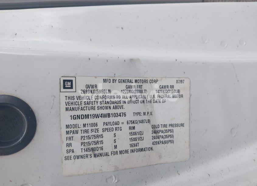 Photo 9 of 1998 Chevrolet Astro (VIN 1GNDM19W4WB103476)