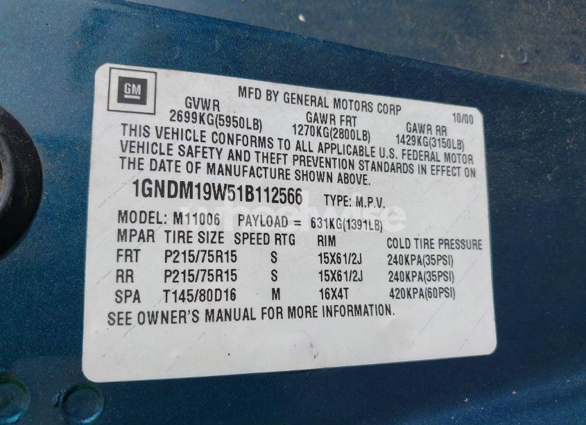 Photo 9 of 2001 Chevrolet Astro LS (VIN 1GNDM19W51B112566)