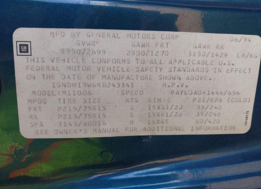 Photo 9 of 1994 Chevrolet Astro (VIN 1GNDM19W6RB243341)