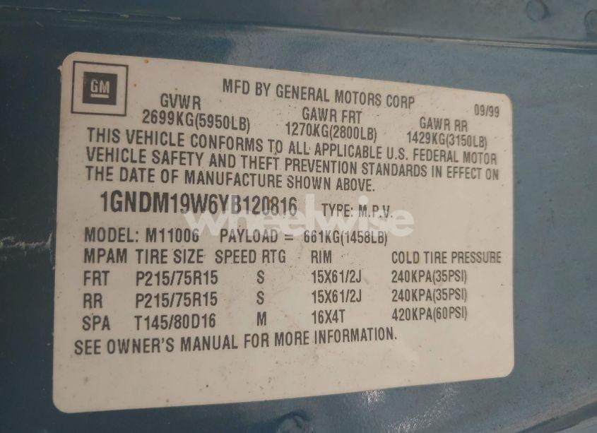 Photo 9 of 2000 Chevrolet Astro (VIN 1GNDM19W6YB120816)