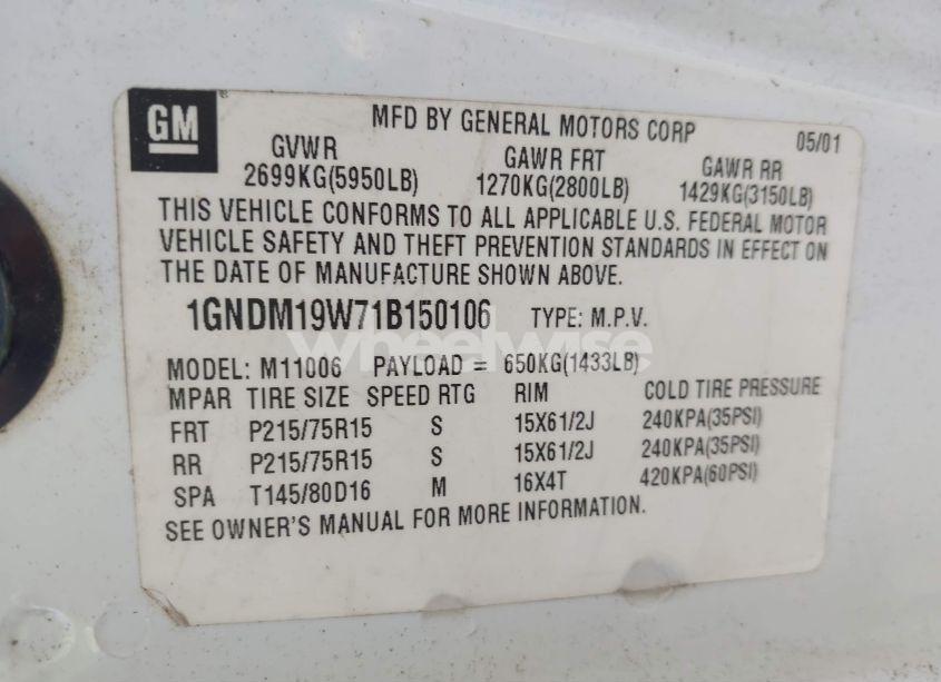 Photo 9 of 2001 Chevrolet Astro LS (VIN 1GNDM19W71B150106)