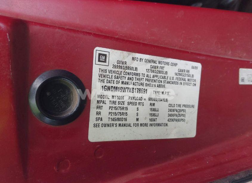Photo 9 of 1999 Chevrolet Astro (VIN 1GNDM19W7XB178691)