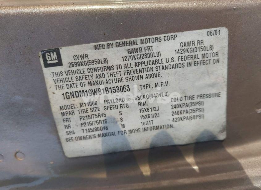 Photo 9 of 2001 Chevrolet Astro LS (VIN 1GNDM19W81B153063)