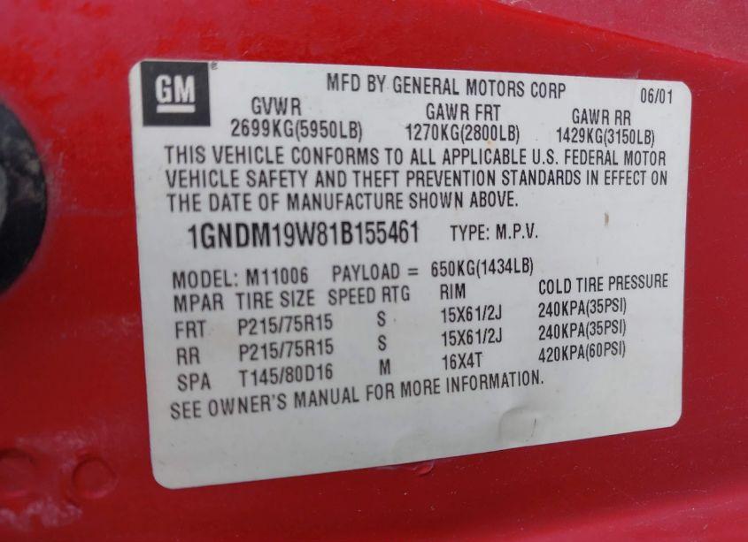 Photo 9 of 2001 Chevrolet Astro LS (VIN 1GNDM19W81B155461)