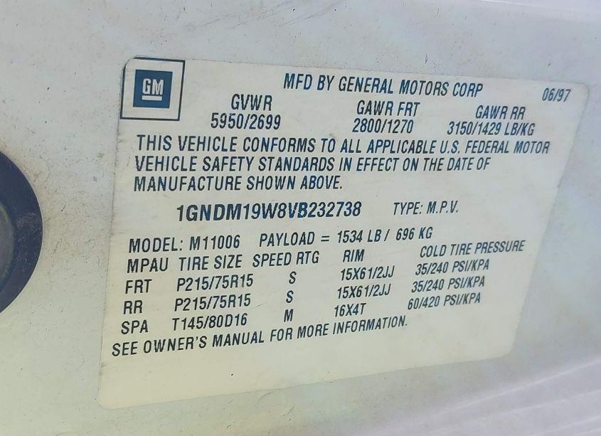Photo 9 of 1997 Chevrolet Astro LS CMI (VIN 1GNDM19W8VB232738)