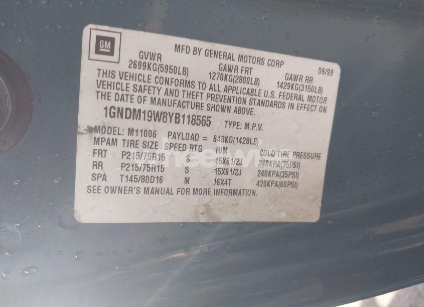 Photo 9 of 2000 Chevrolet Astro (VIN 1GNDM19W8YB118565)