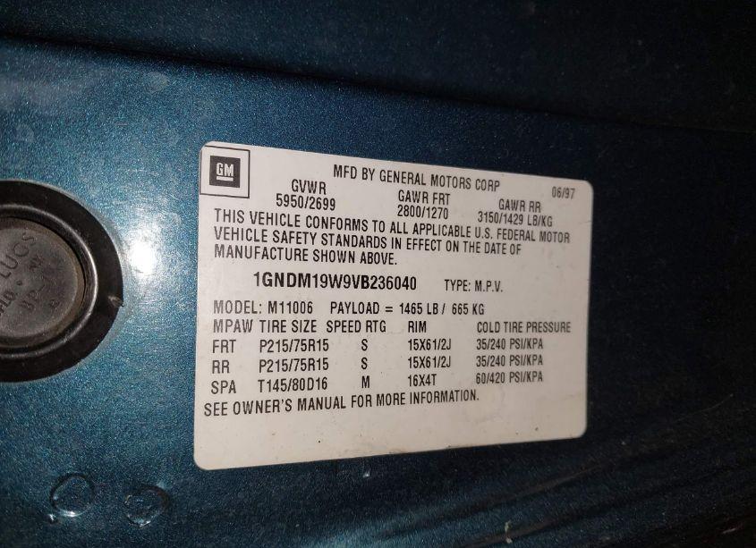 Photo 9 of 1997 Chevrolet Astro LS CMI (VIN 1GNDM19W9VB236040)