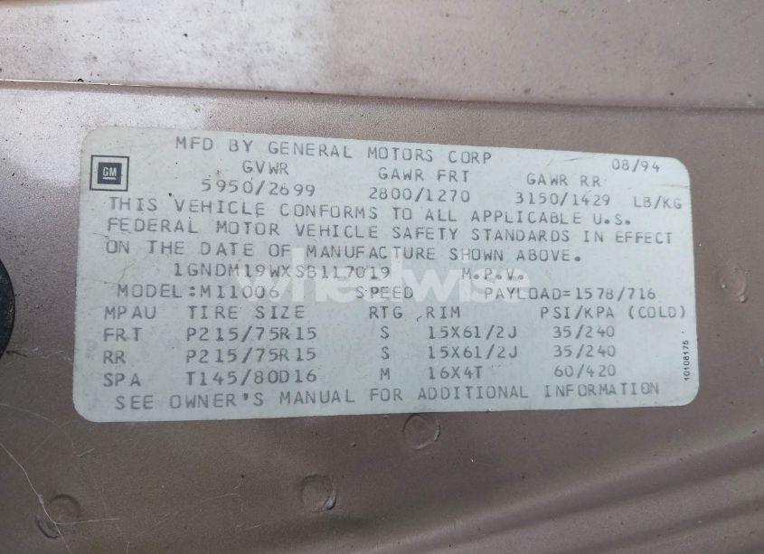 Photo 9 of 1995 Chevrolet Astro (VIN 1GNDM19WXSB117019)