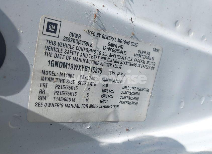 Photo 9 of 2000 Chevrolet Astro (VIN 1GNDM19WXYB115375)