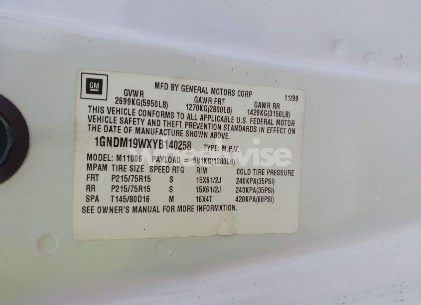 Photo 9 of 2000 Chevrolet Astro (VIN 1GNDM19WXYB140258)