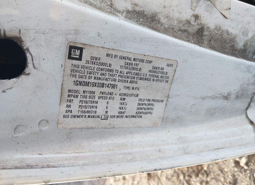 Photo 9 of 2003 Chevrolet Astro (VIN 1GNDM19X03B147981)