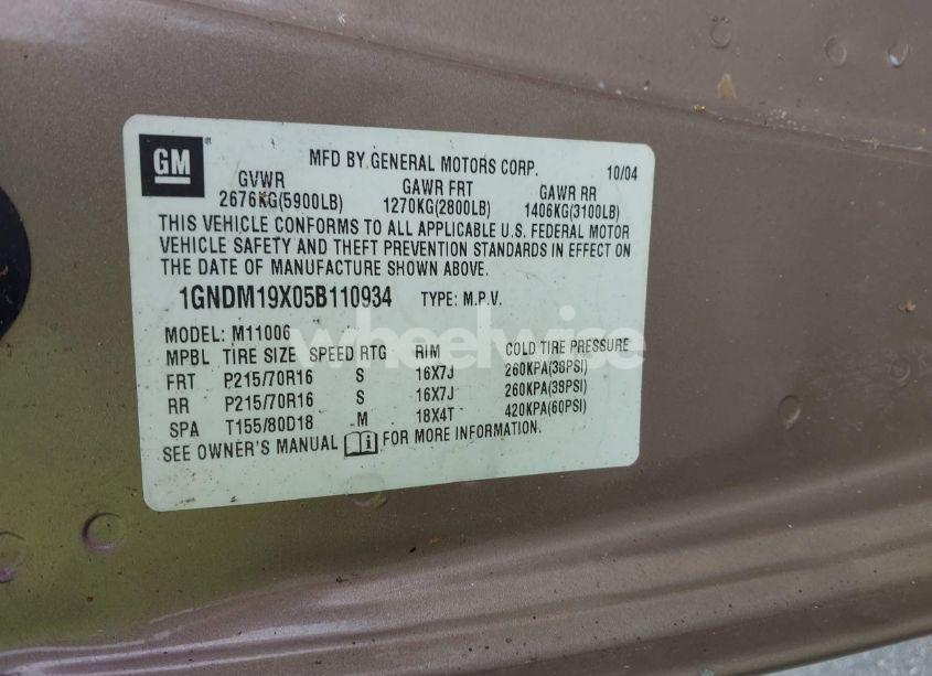 Photo 9 of 2005 Chevrolet Astro (VIN 1GNDM19X05B110934)