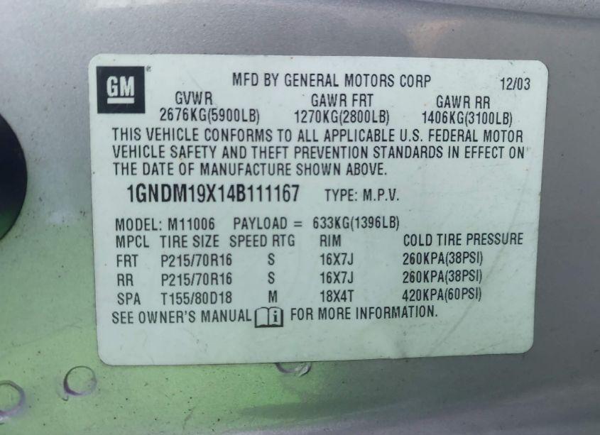 Photo 9 of 2004 Chevrolet Astro (VIN 1GNDM19X14B111167)