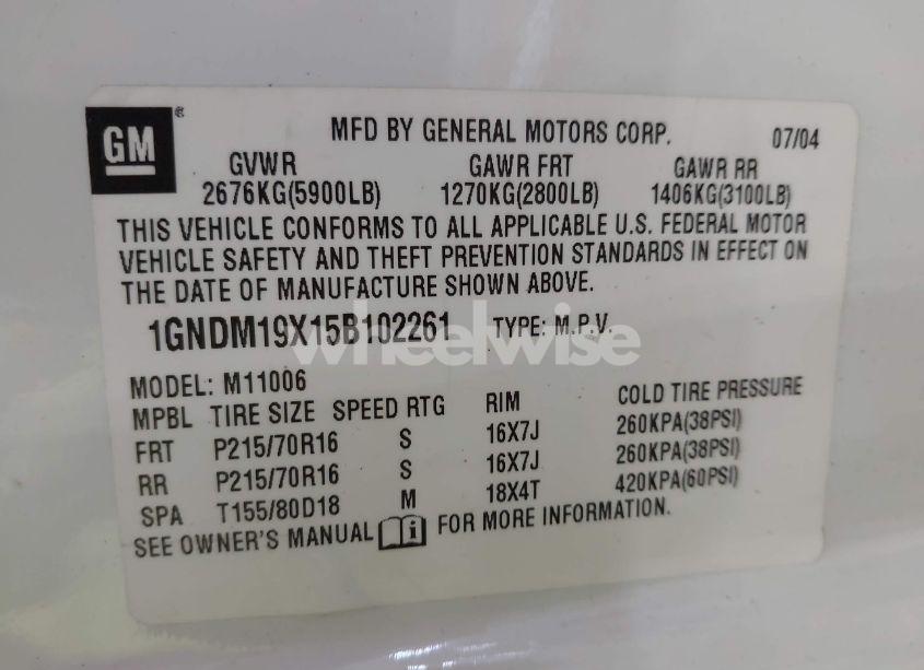 Photo 9 of 2005 Chevrolet Astro (VIN 1GNDM19X15B102261)
