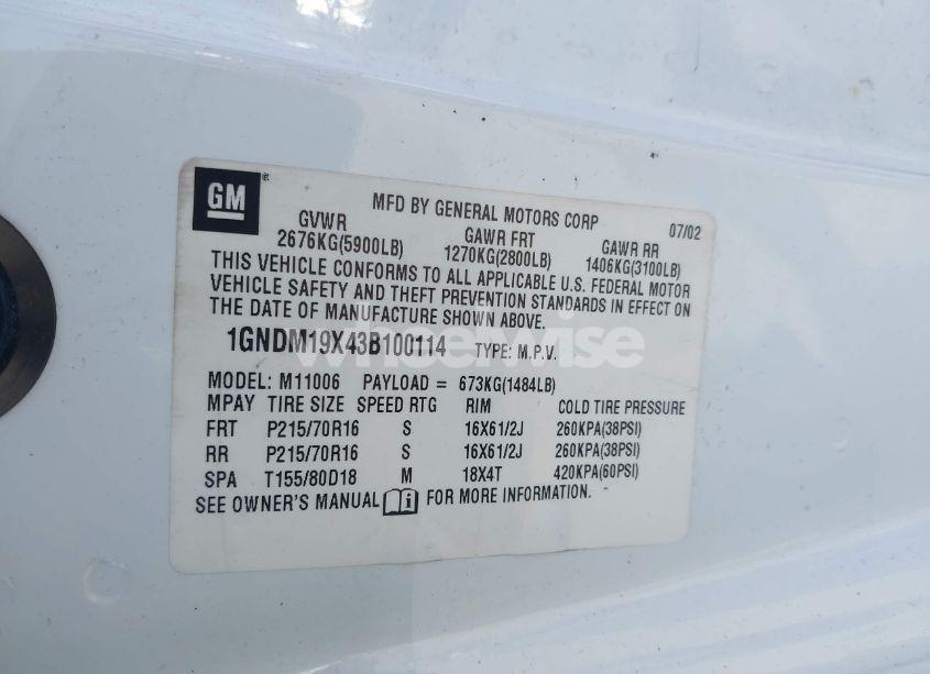 Photo 9 of 2003 Chevrolet Astro (VIN 1GNDM19X43B100114)