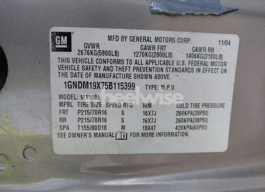 Photo 9 of 2005 Chevrolet Astro (VIN 1GNDM19X75B115399)