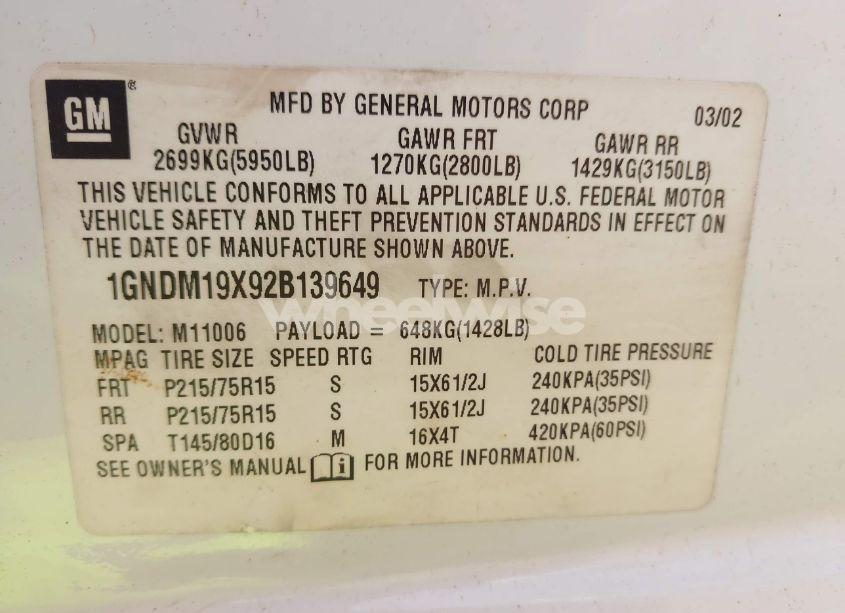 Photo 9 of 2002 Chevrolet Astro LS (VIN 1GNDM19X92B139649)